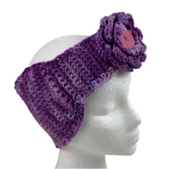 Handmade Purple Crochet Flower Headwrap Knit Headband Winter Ear Warmer - Picture 3 of 12
